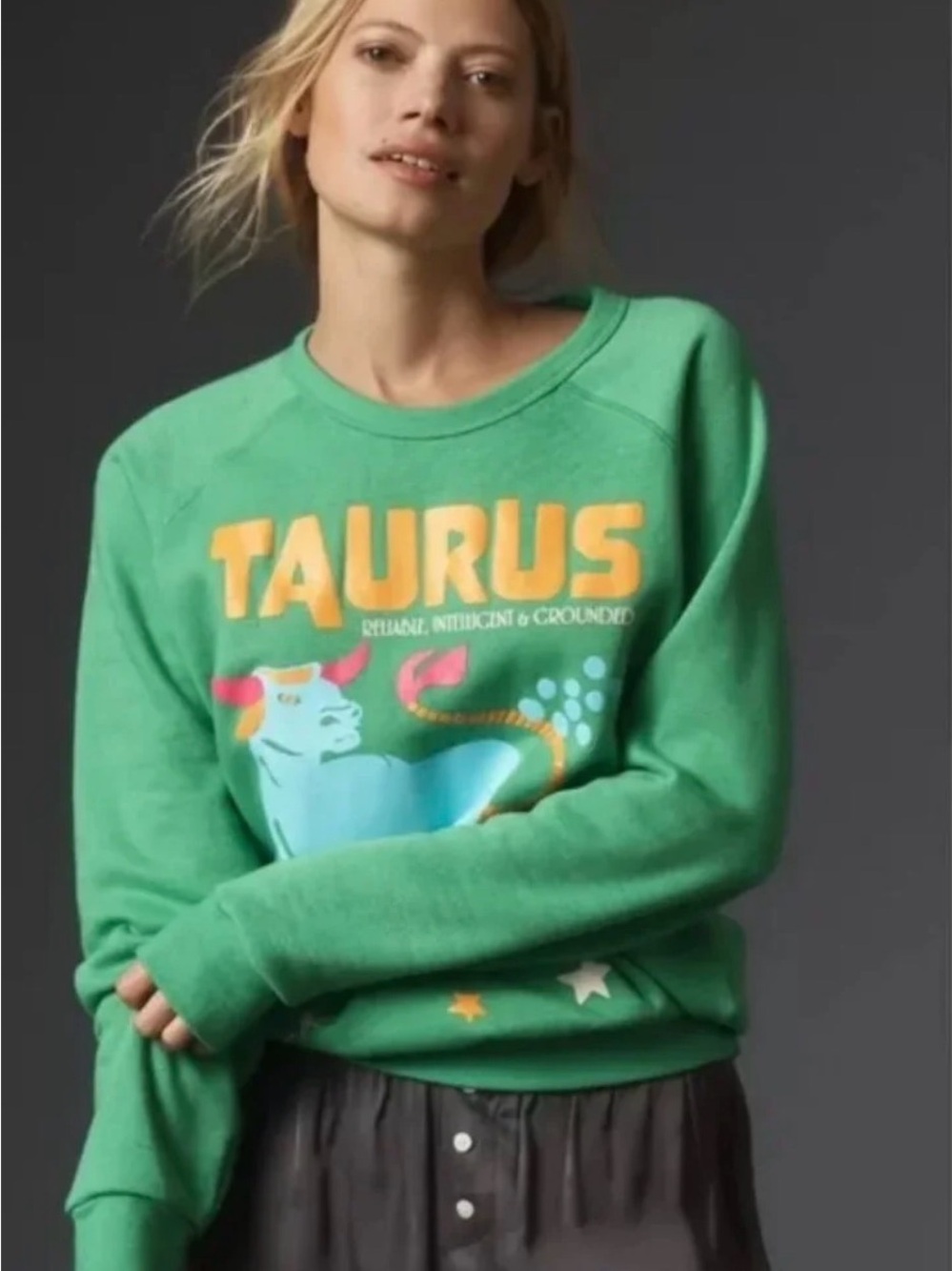 Midnight Rider Anthropologie Taurus Zodiac Green Sweatshirt Made in USA S